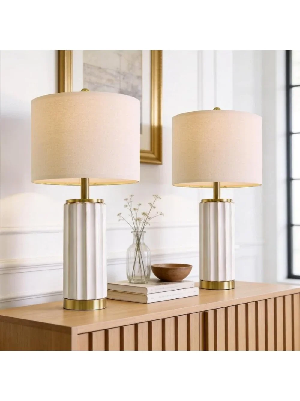 Set of 2 Off-White Mid Century Modern Ceramic Table Lamps, Linen Shade & Gold